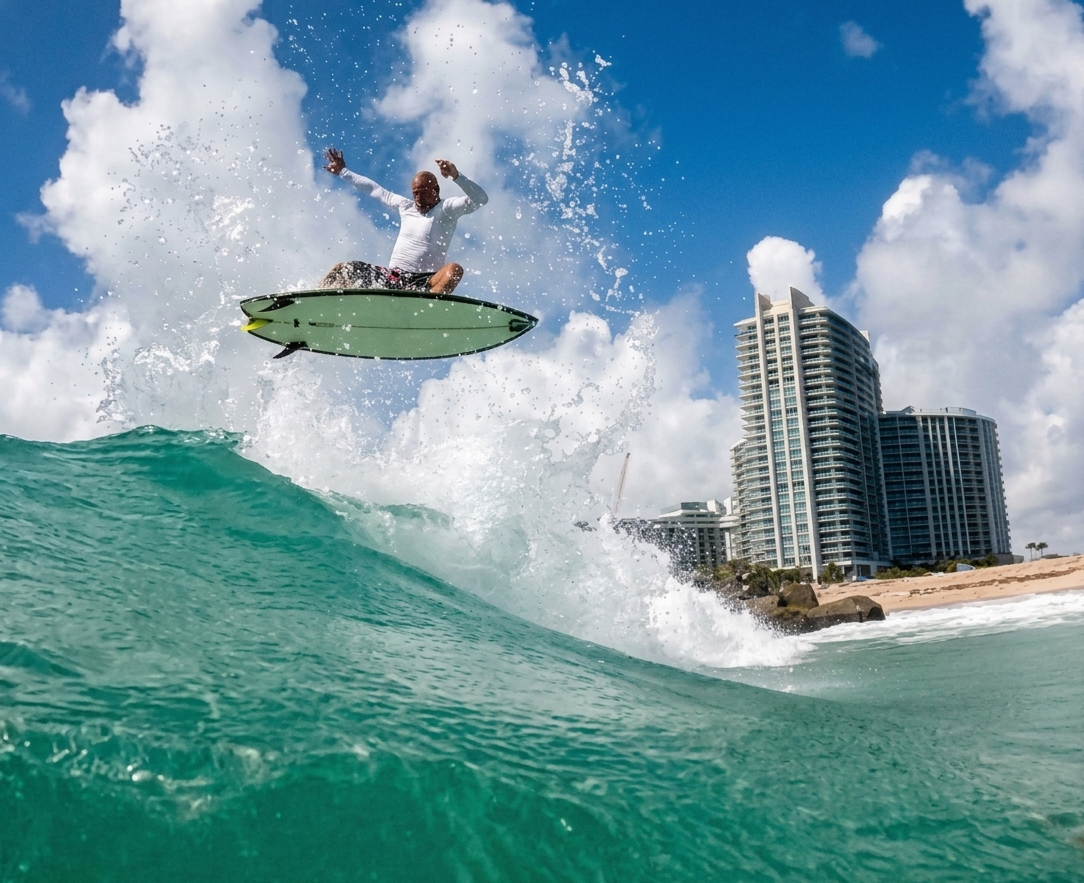 Ron Keindl catching air on a wave while wearing a Ribby padded rash guard